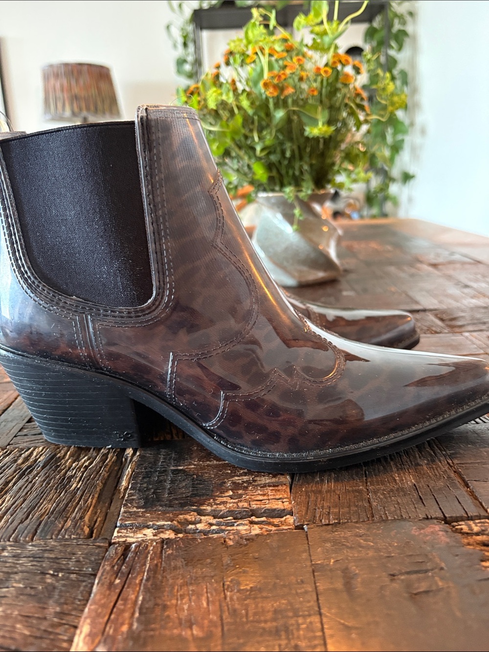 Leopard Patent Leather Western Ankle Boots - Brown
